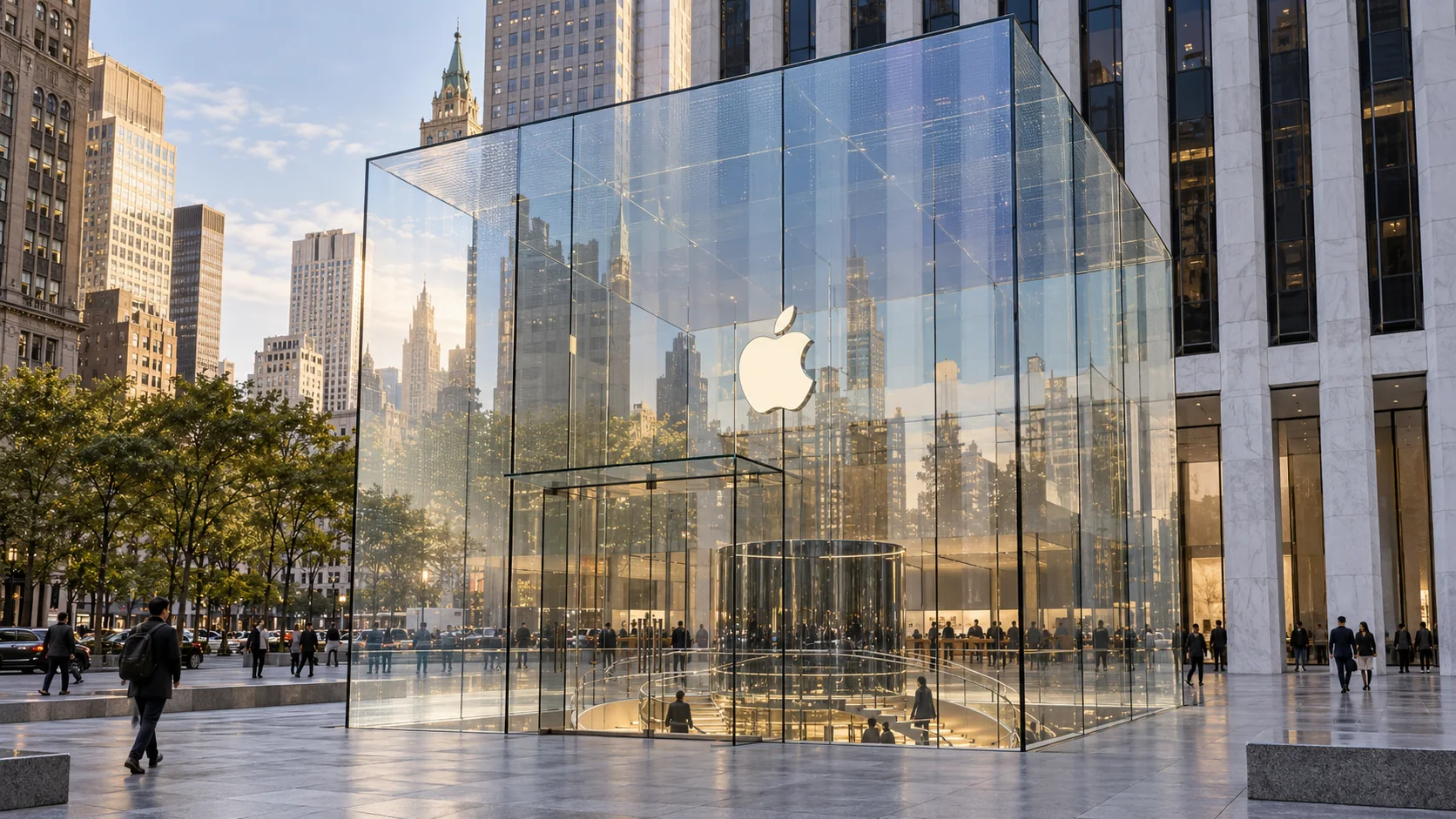 Concept visualization of Apple Fifth Avenue with transparent solar integrated into the glass cube