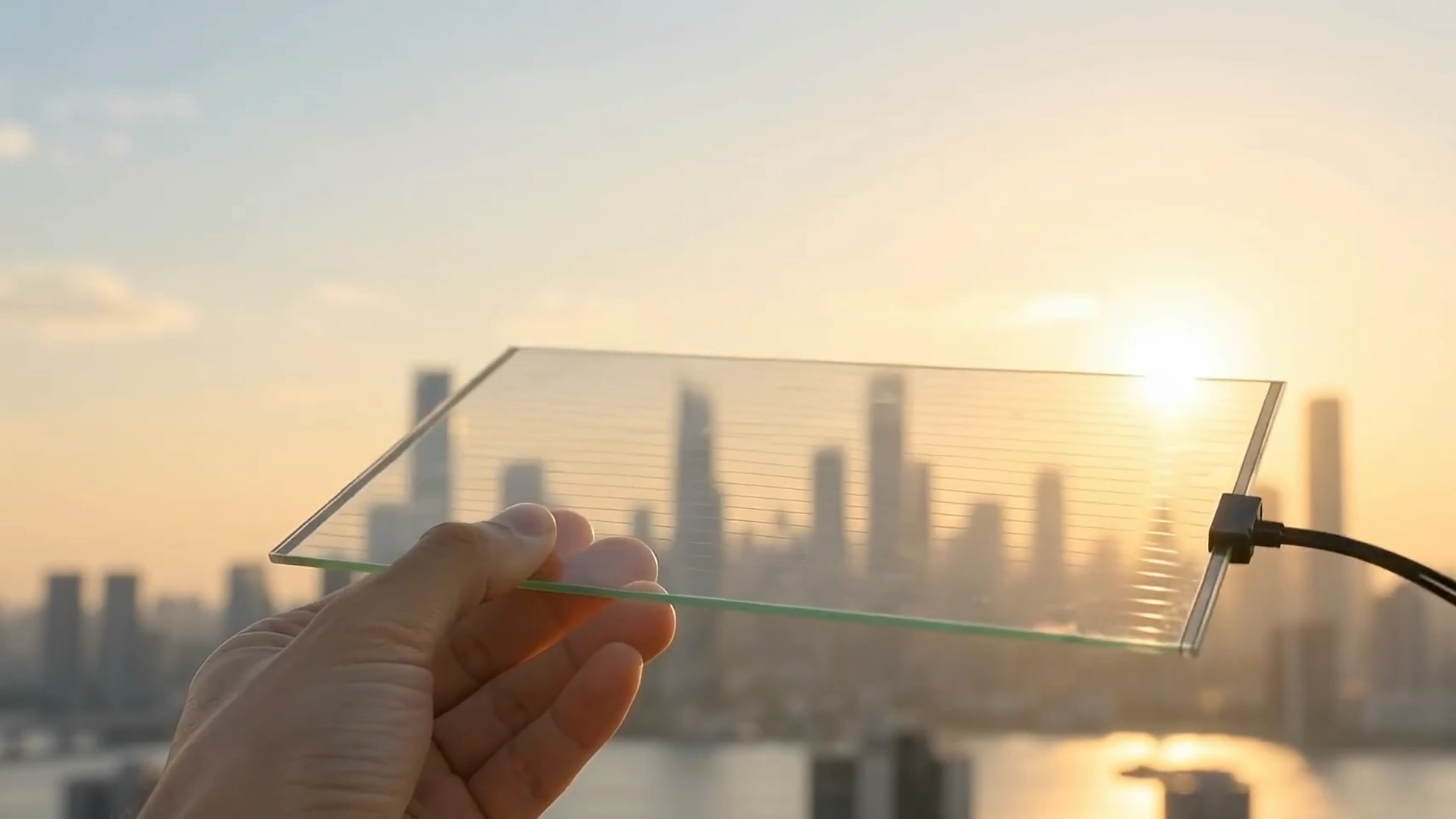 A hand holding a transparent solar panel with fine scribing lines as sunlight shines through the glass